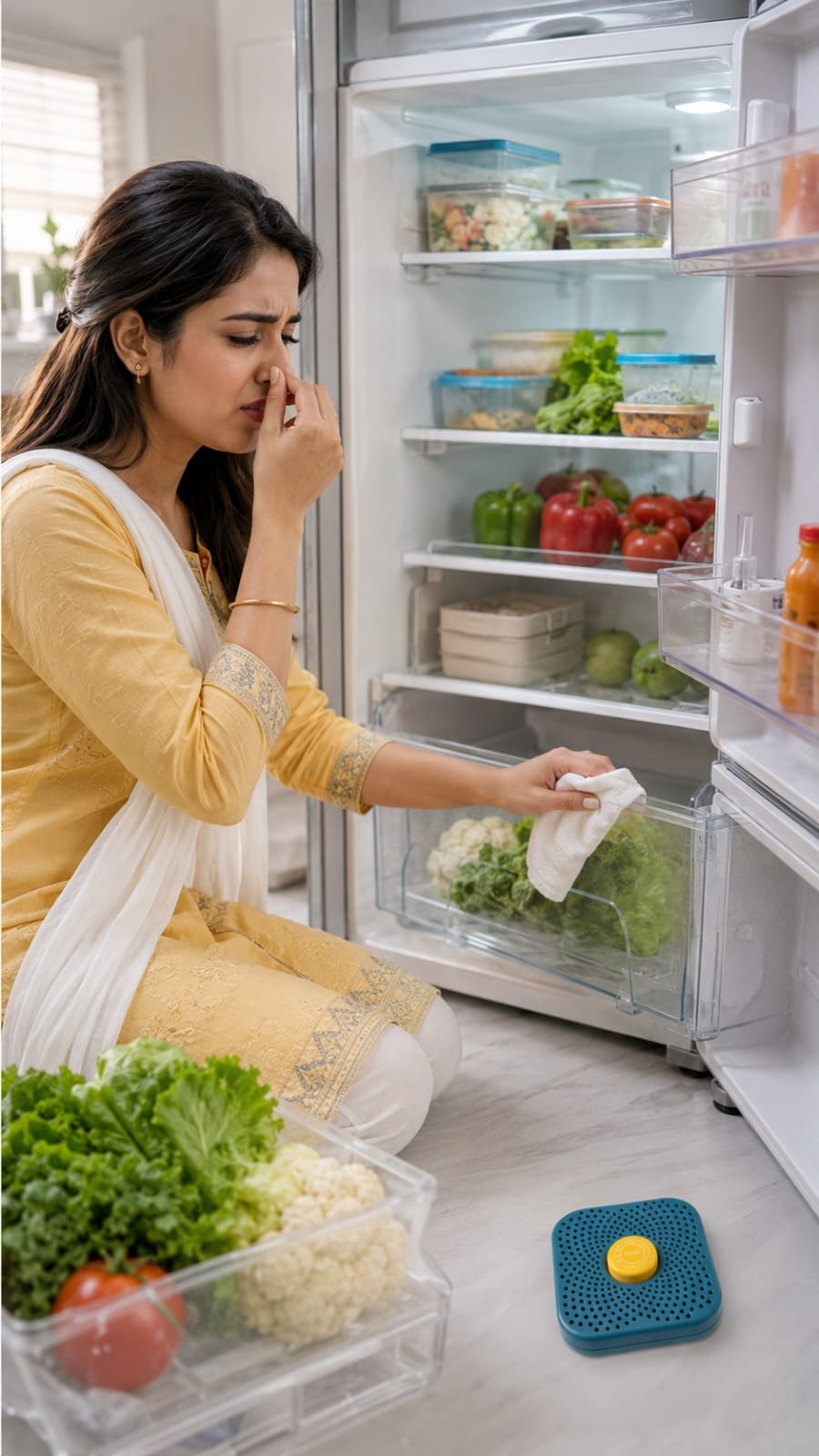 Woman feeling bad smell from fridge